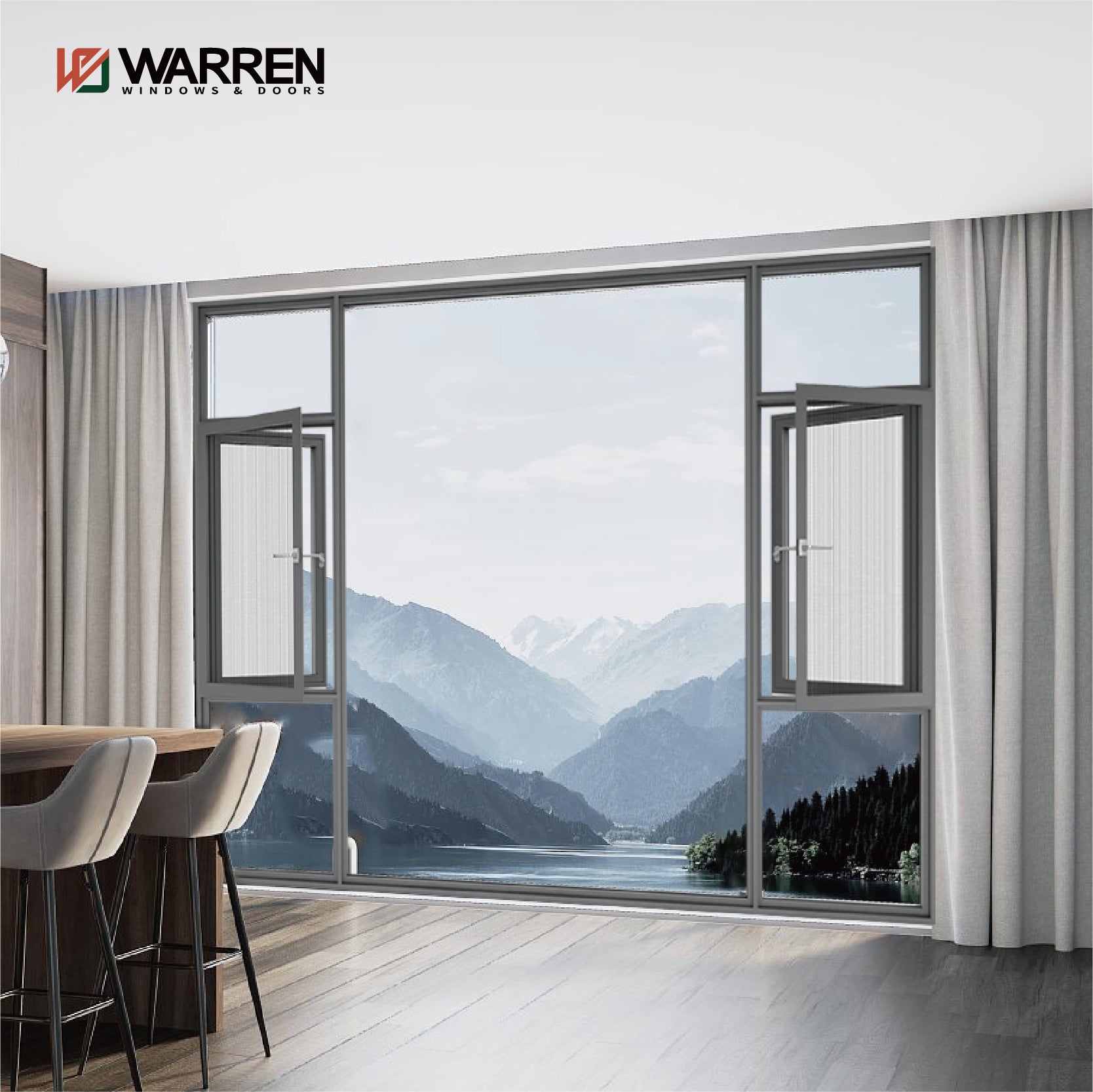 Warren 96x60 window soundproof large glass window aluminum for House Impact Resistant